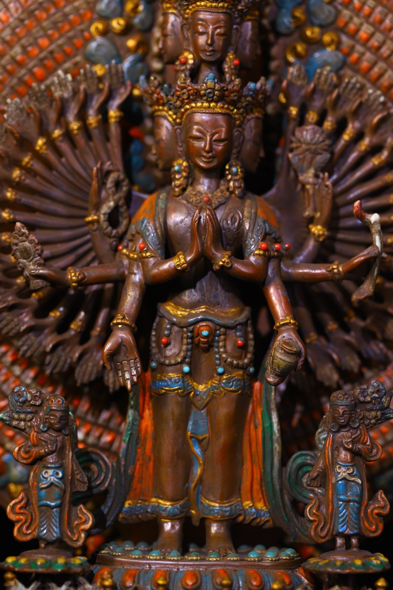 Pure handmade striking of purple copper, carving of Thousand Handed Guanyin