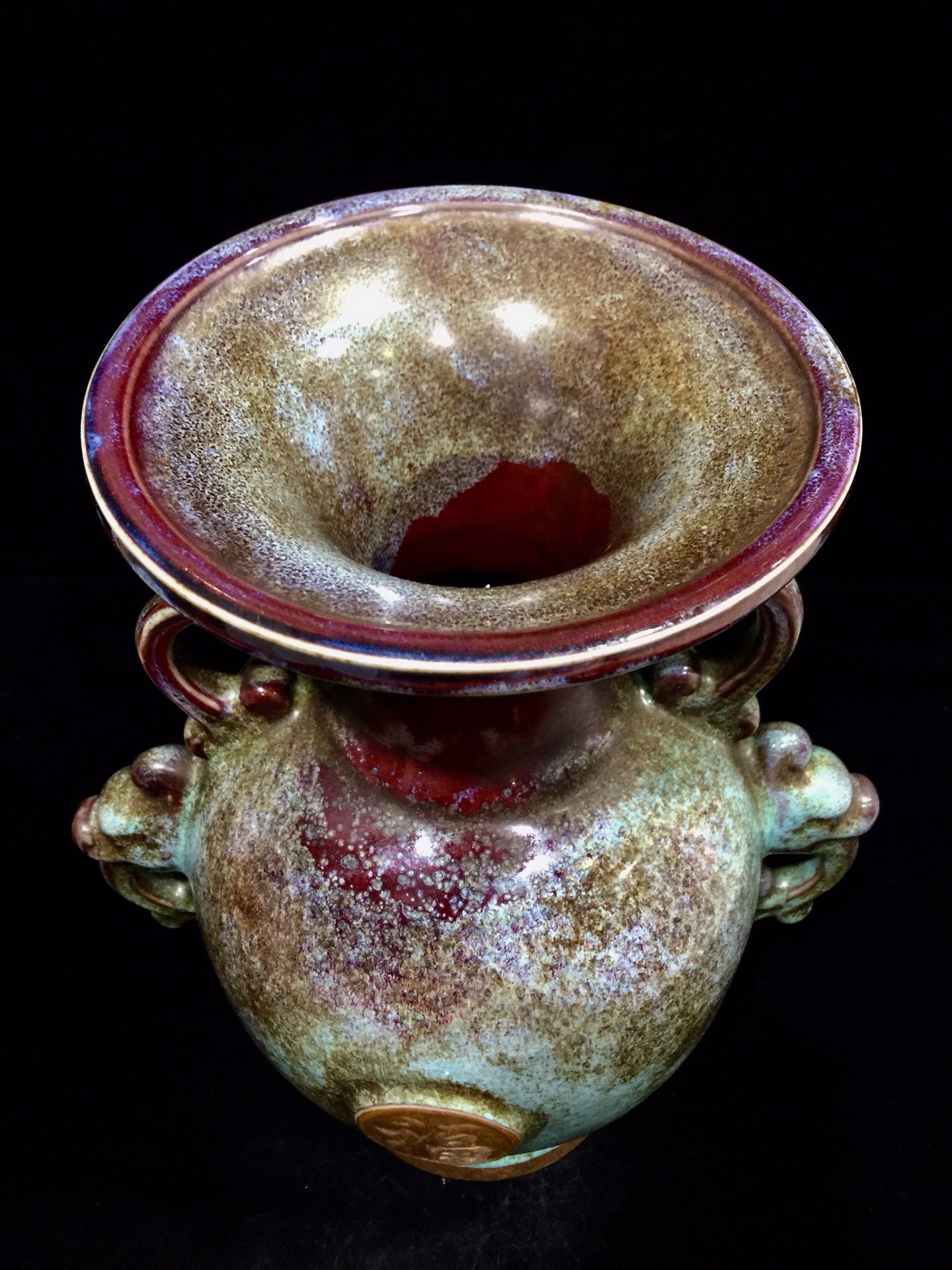Chinese Antique Porcelain Blue Glazed Sprinkled Gold Skin Double Ear Bottle