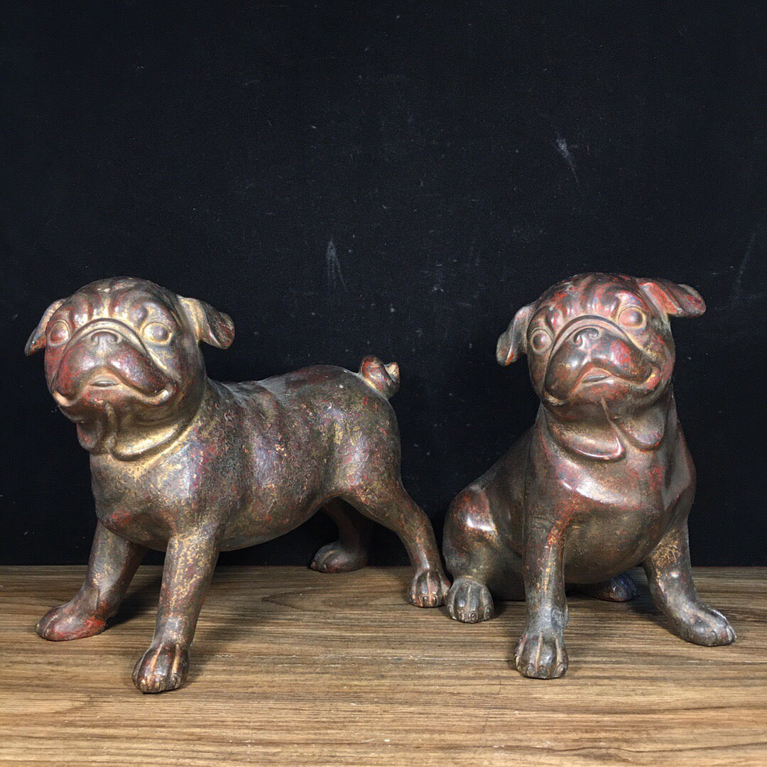 A pair of Chinese antique pure copper lucky dogs