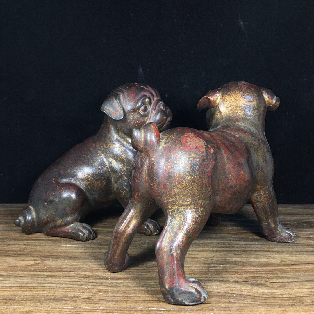 A pair of Chinese antique pure copper lucky dogs