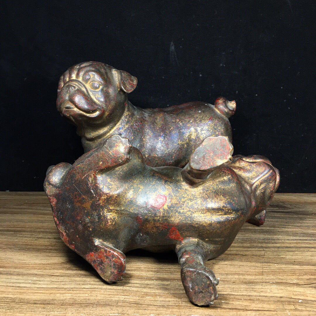 A pair of Chinese antique pure copper lucky dogs