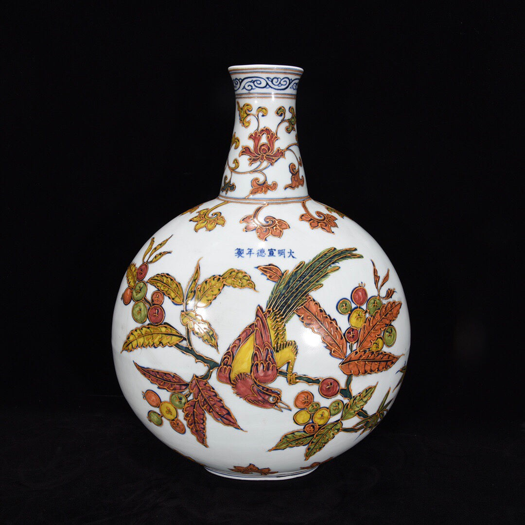 Chinese antique flat vase with flower and bird patterns