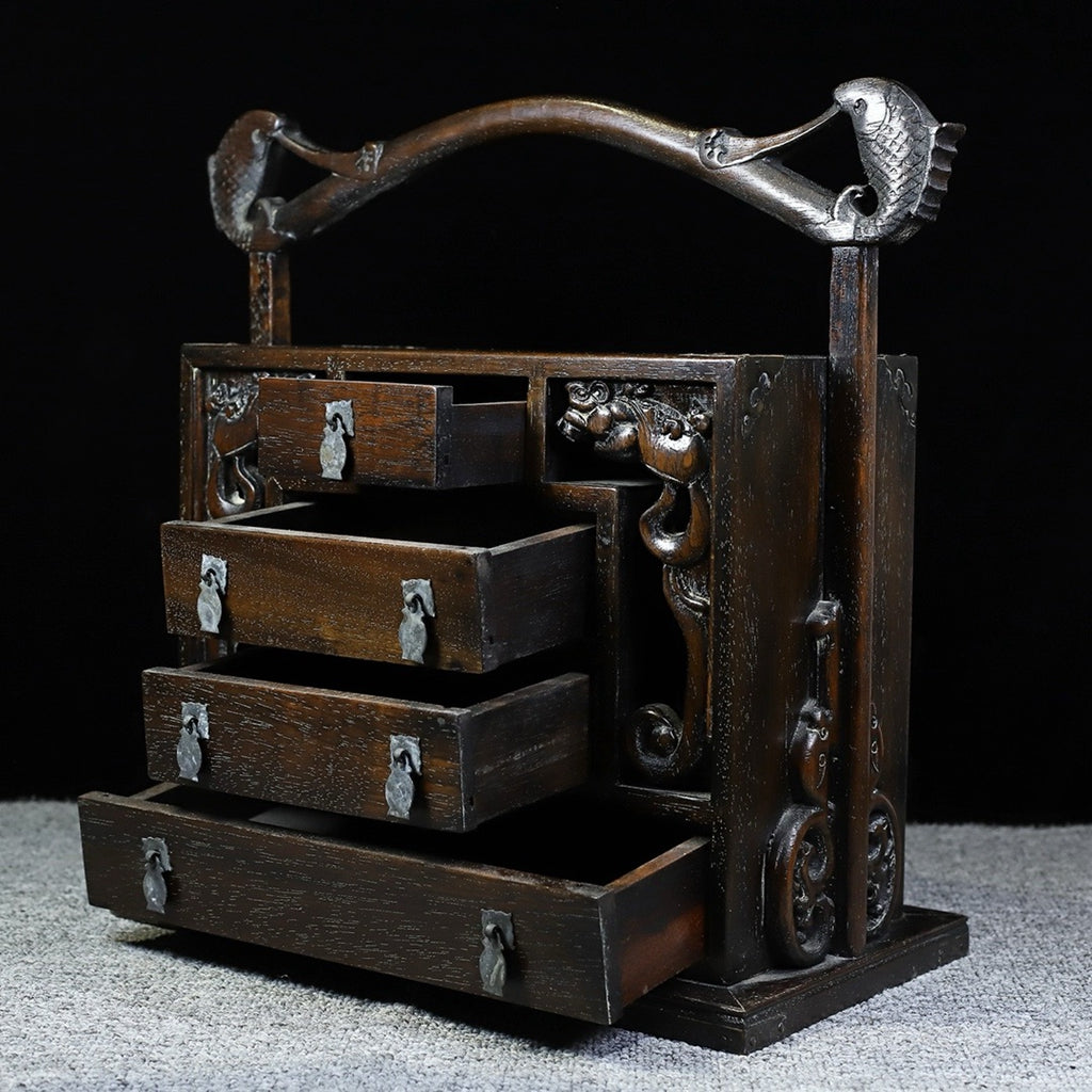 Pear wood carved four drawer cabinet box