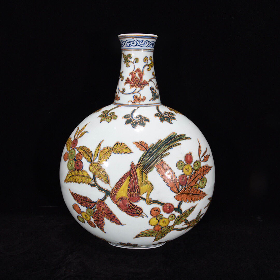 Chinese antique flat vase with flower and bird patterns