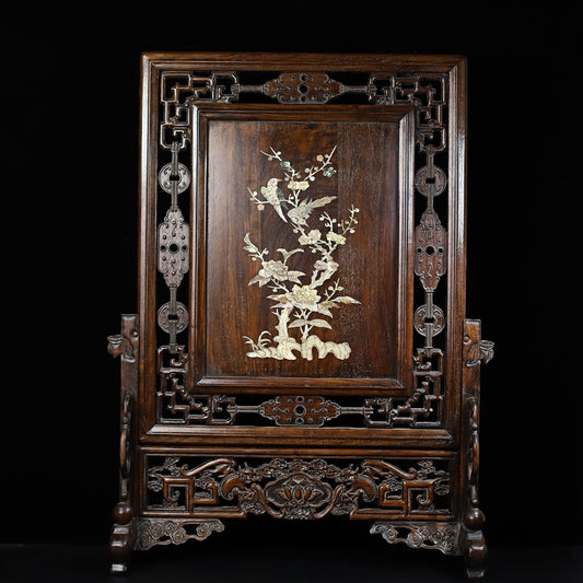 Hua Li Mu hollow carved inlaid shell screen ornament