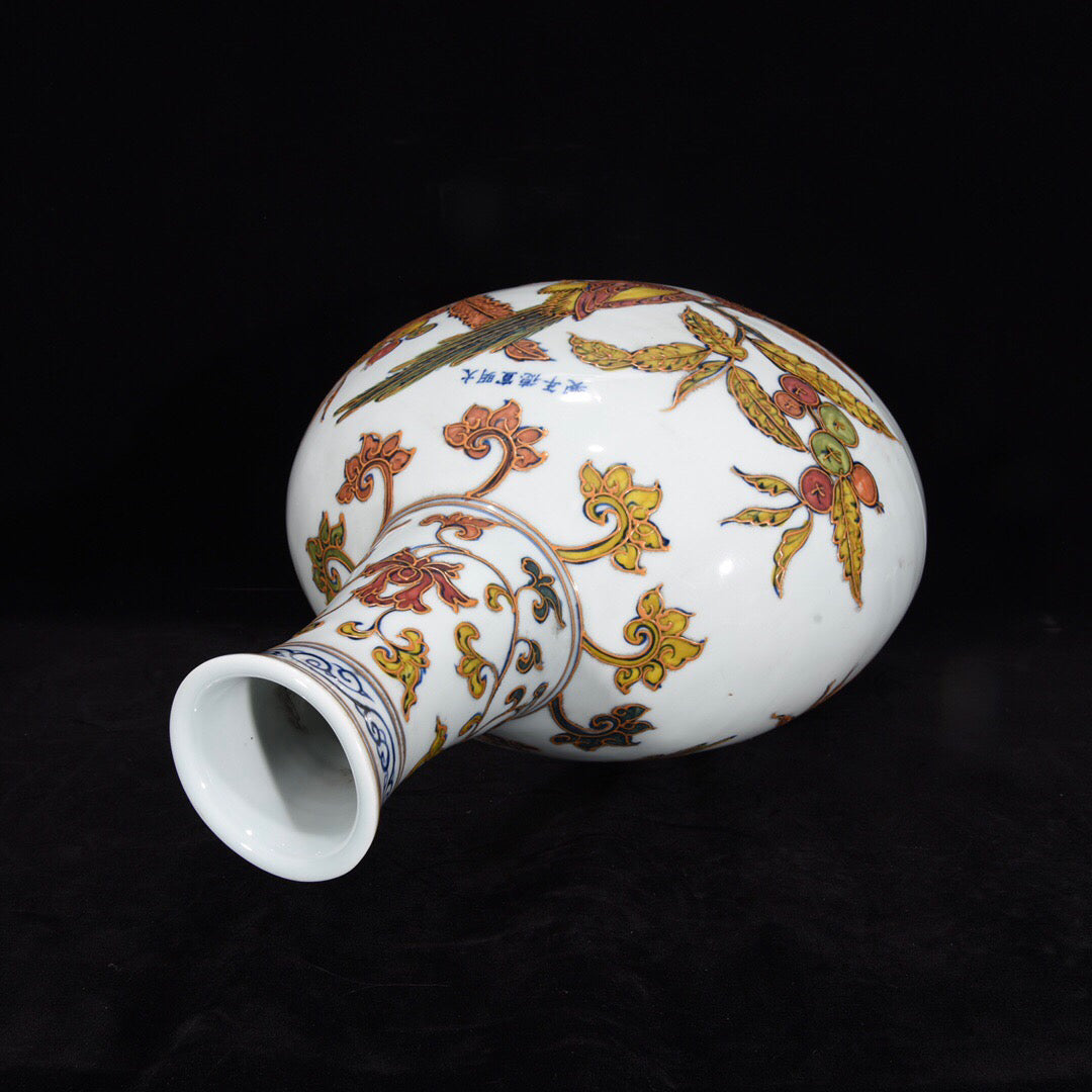 Chinese antique flat vase with flower and bird patterns