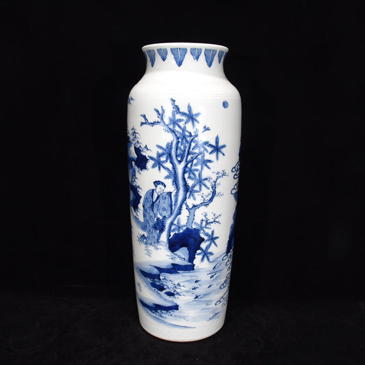 Chinese antique Yuan blue and white character story patterned hat tube