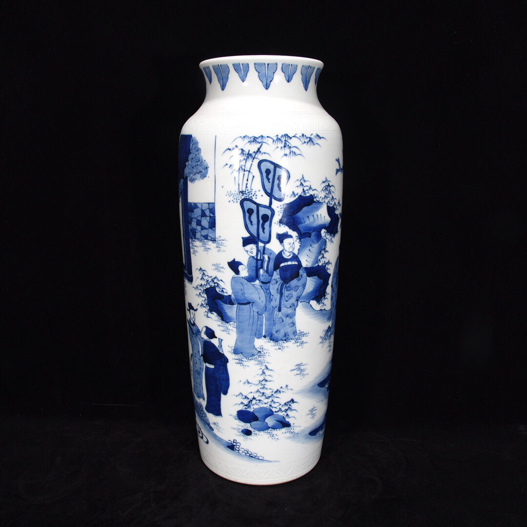 Chinese antique Yuan blue and white character story patterned hat tube