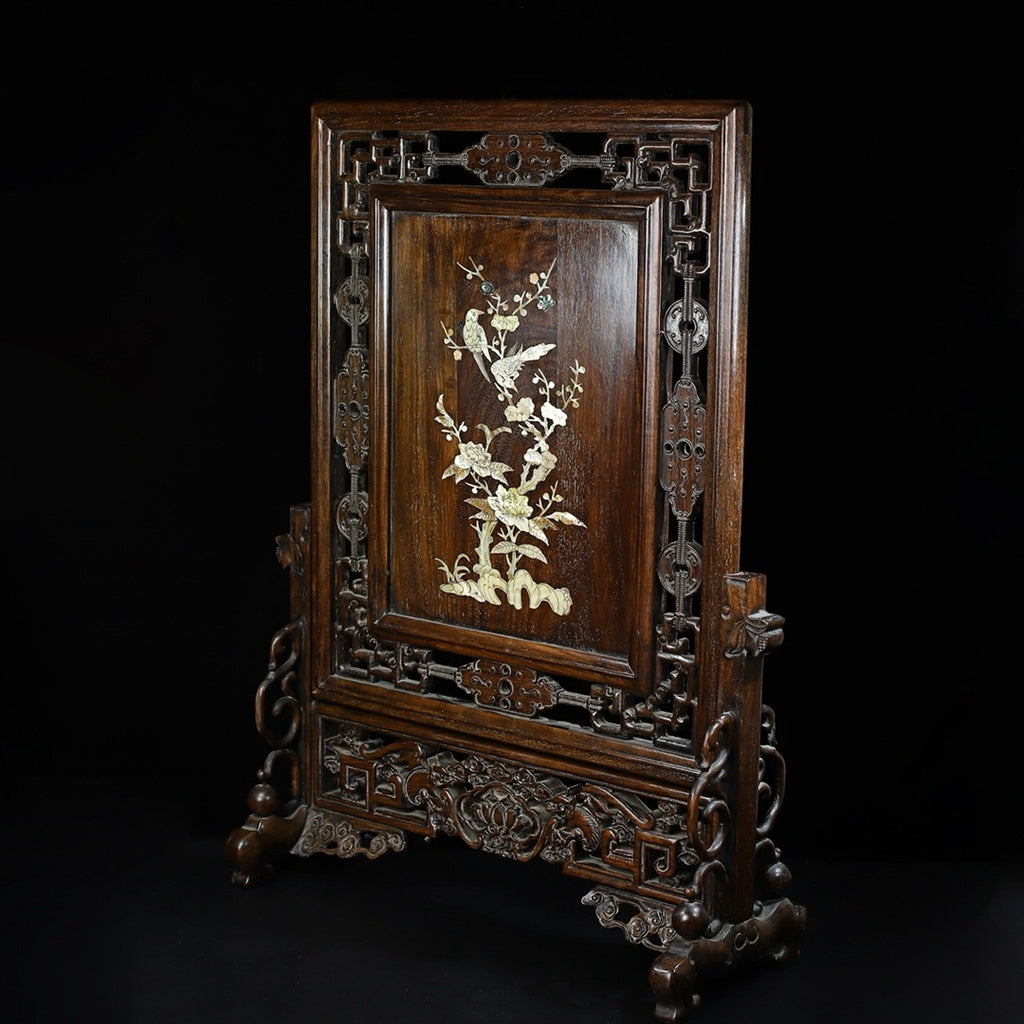 Hua Li Mu hollow carved inlaid shell screen ornament