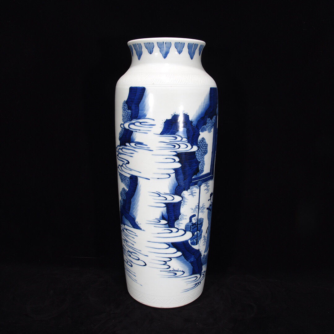Chinese antique Yuan blue and white character story patterned hat tube