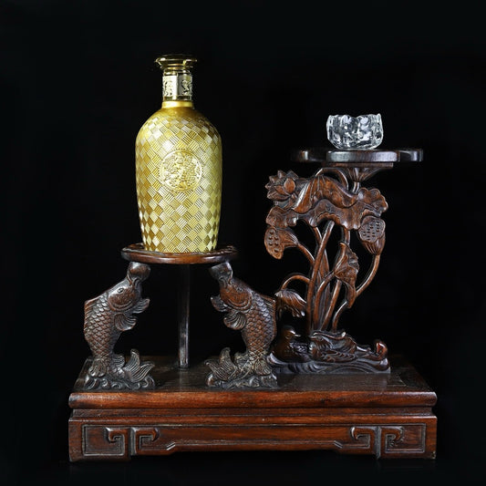 Carved rosewood lotus fish wine rack ornament