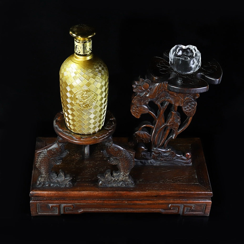 Carved rosewood lotus fish wine rack ornament
