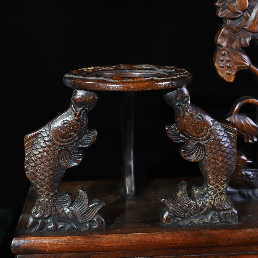 Carved rosewood lotus fish wine rack ornament