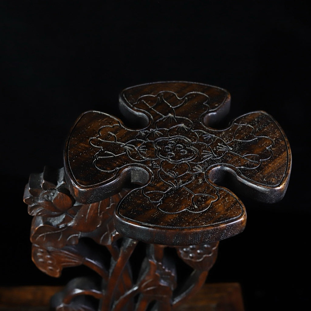 Carved rosewood lotus fish wine rack ornament