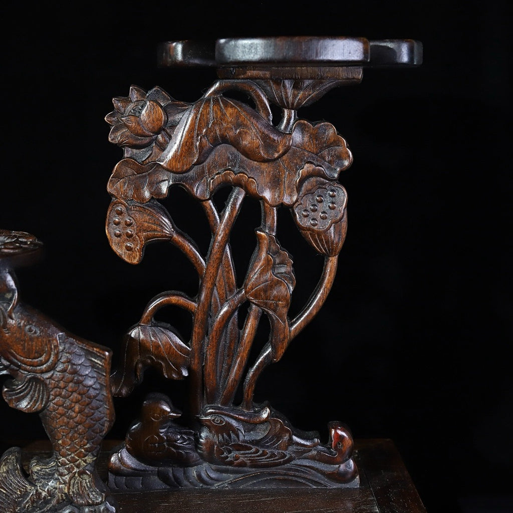 Carved rosewood lotus fish wine rack ornament