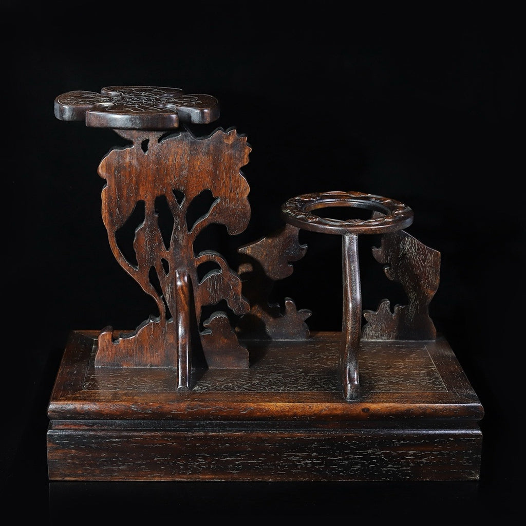 Carved rosewood lotus fish wine rack ornament