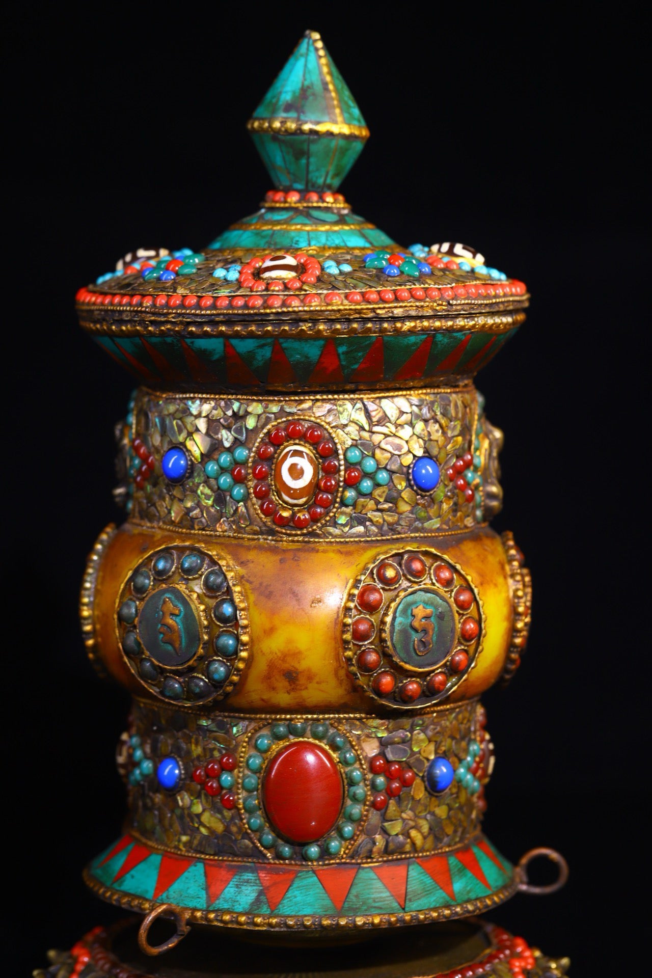 Copper handmade hammering, chiseling, gemstone inlay, celestial bead spinning wheel