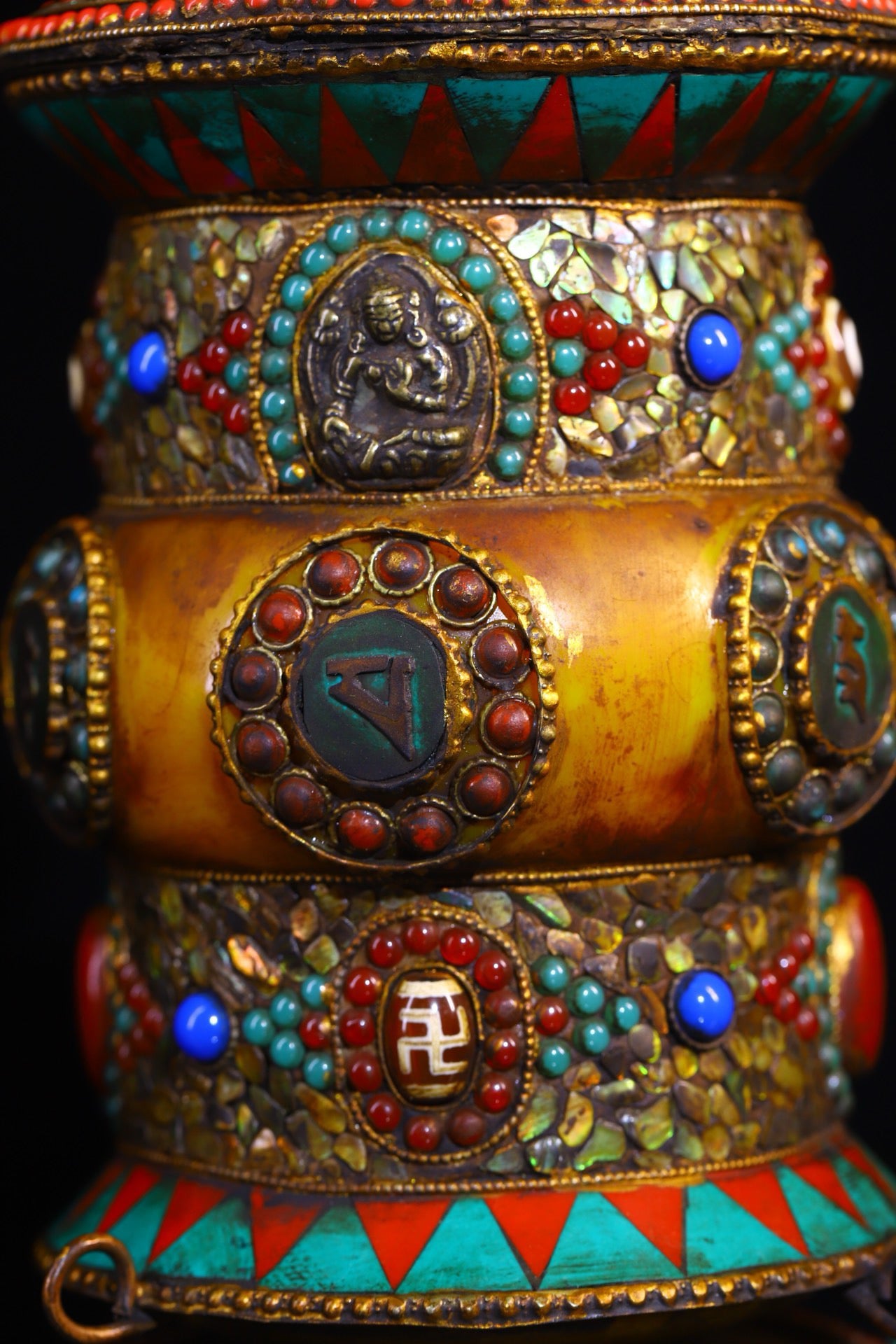 Copper handmade hammering, chiseling, gemstone inlay, celestial bead spinning wheel