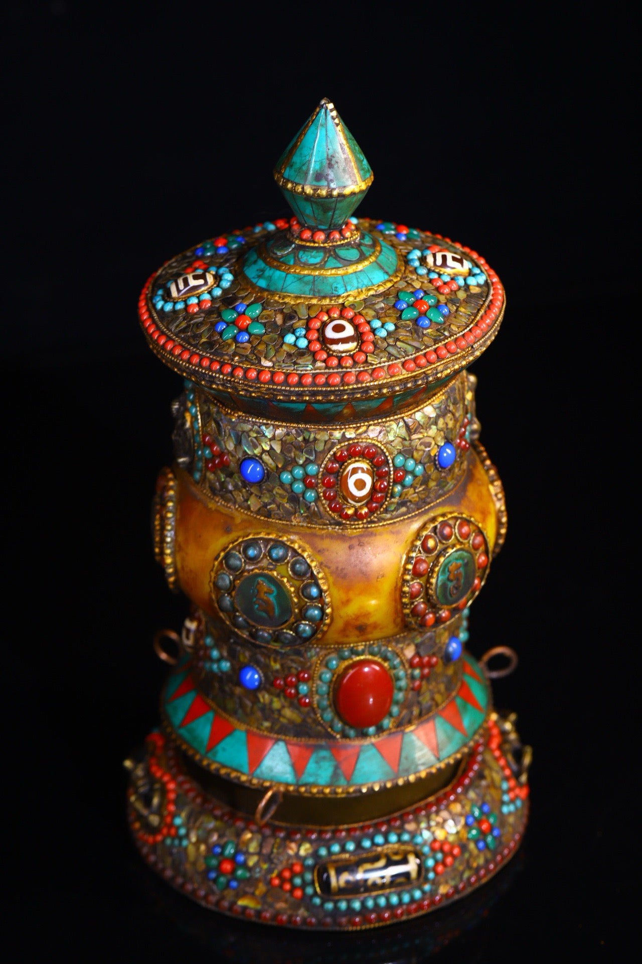 Copper handmade hammering, chiseling, gemstone inlay, celestial bead spinning wheel