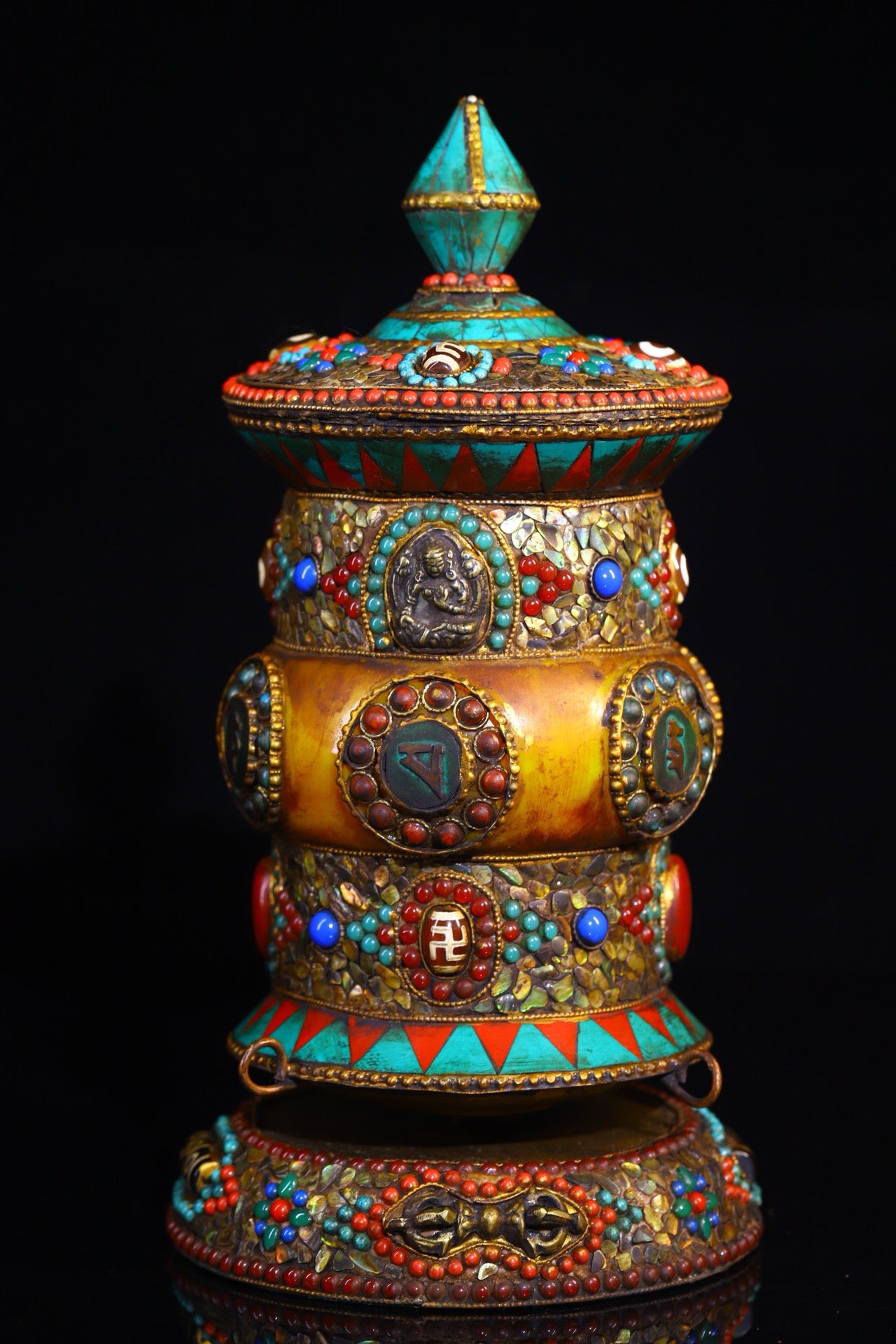 Copper handmade hammering, chiseling, gemstone inlay, celestial bead spinning wheel