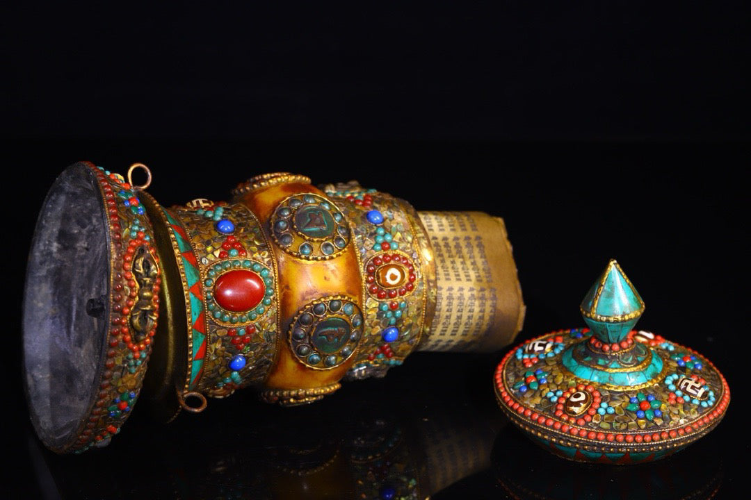 Copper handmade hammering, chiseling, gemstone inlay, celestial bead spinning wheel