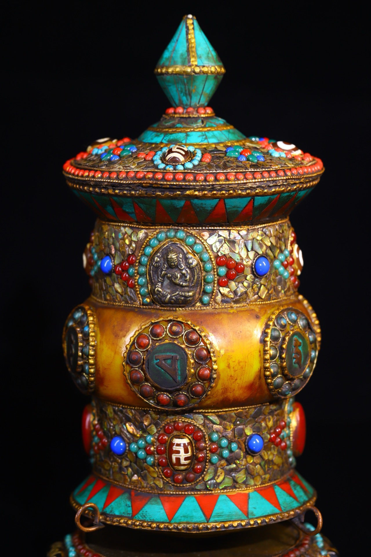 Copper handmade hammering, chiseling, gemstone inlay, celestial bead spinning wheel