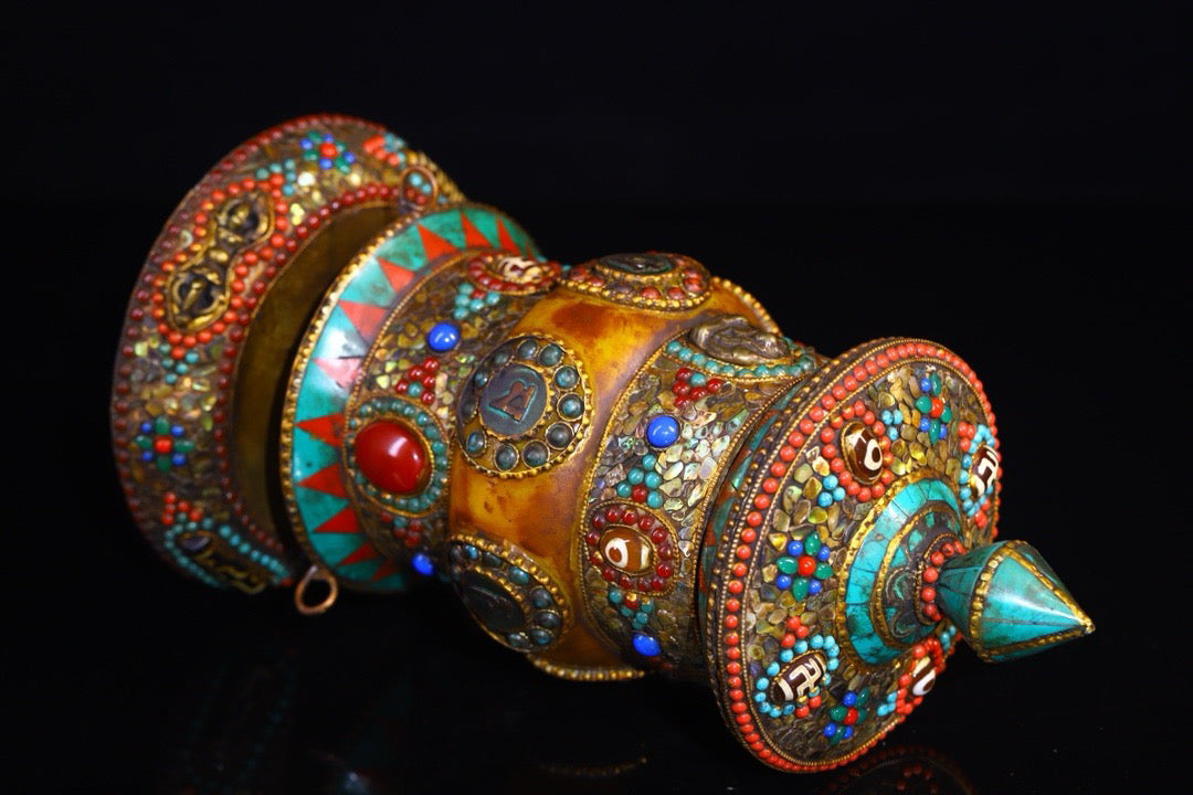Copper handmade hammering, chiseling, gemstone inlay, celestial bead spinning wheel