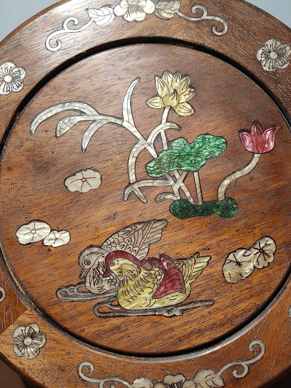 A pair of Chinese antique rosewood colored seashells and drum stools