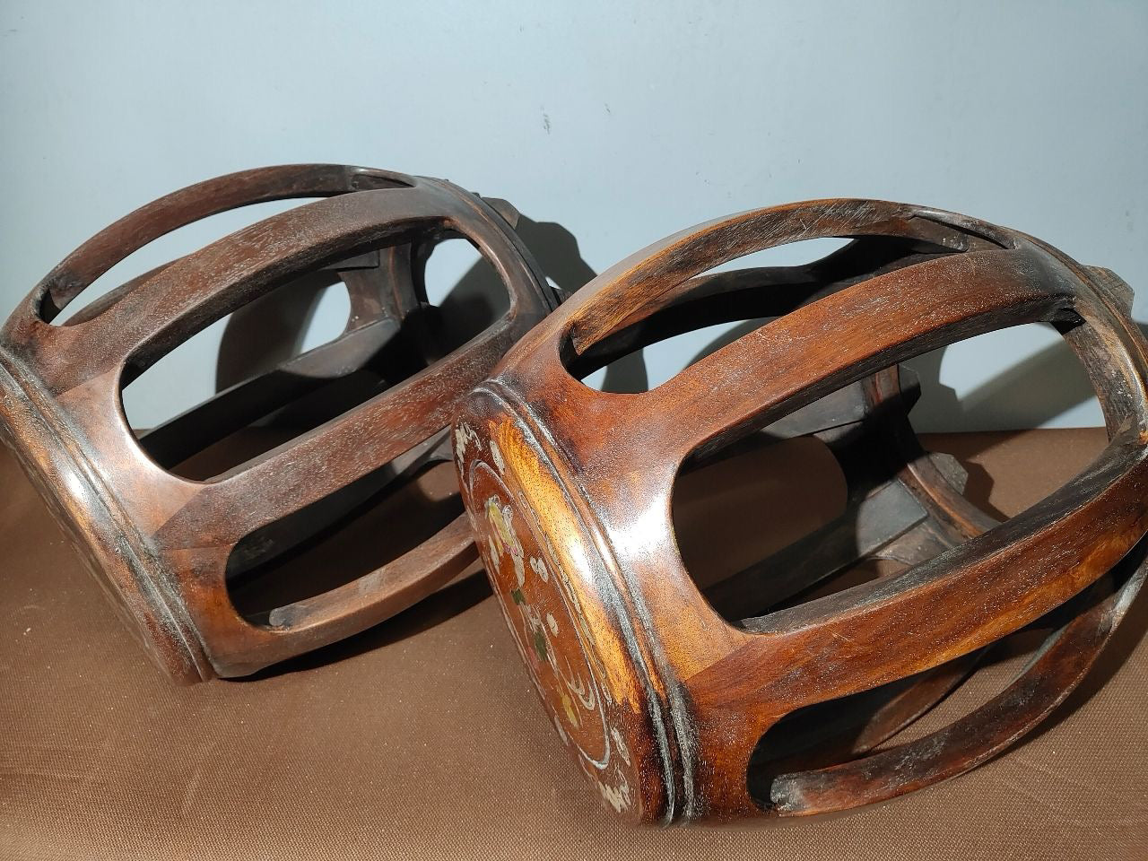 A pair of Chinese antique rosewood colored seashells and drum stools