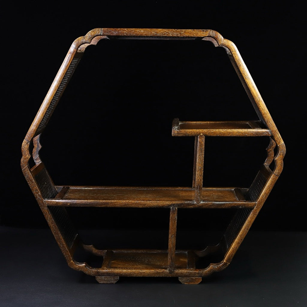 Floral wood hollow carved hexagonal antique rack ornaments