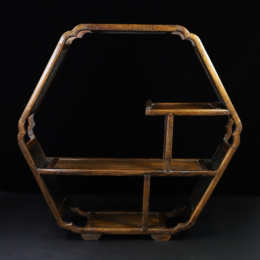 Floral wood hollow carved hexagonal antique rack ornaments