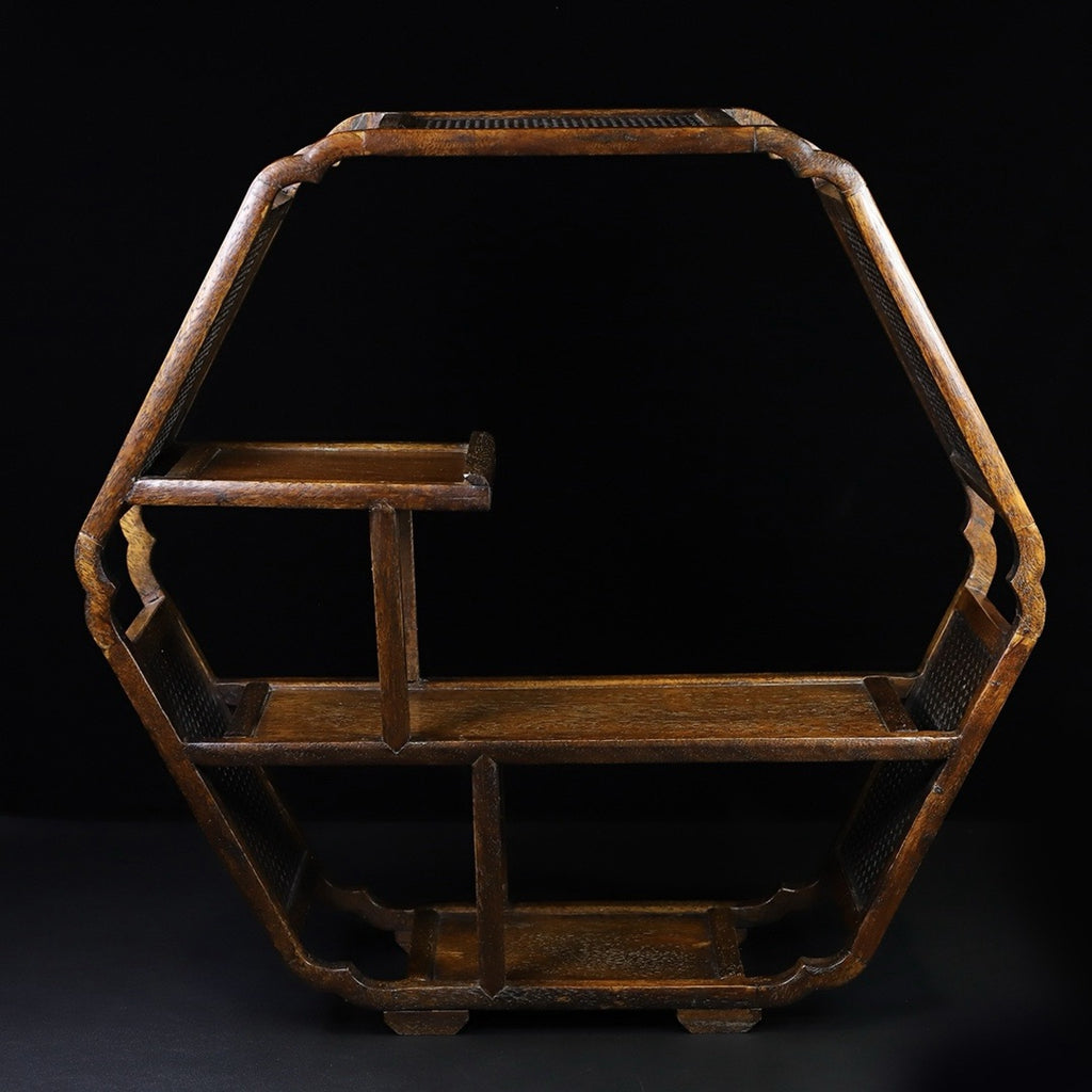 Floral wood hollow carved hexagonal antique rack ornaments