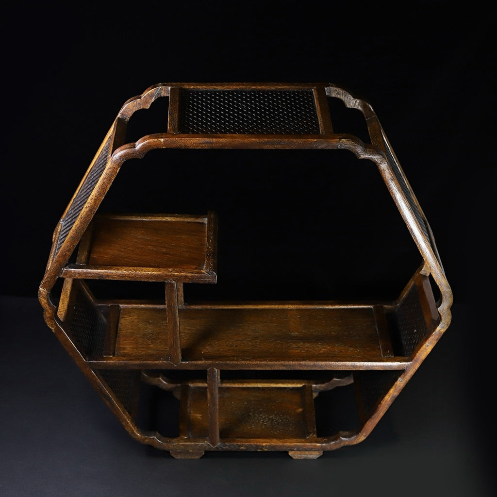 Floral wood hollow carved hexagonal antique rack ornaments