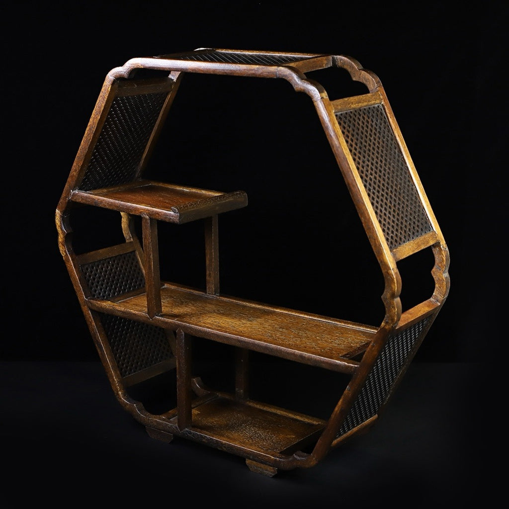 Floral wood hollow carved hexagonal antique rack ornaments