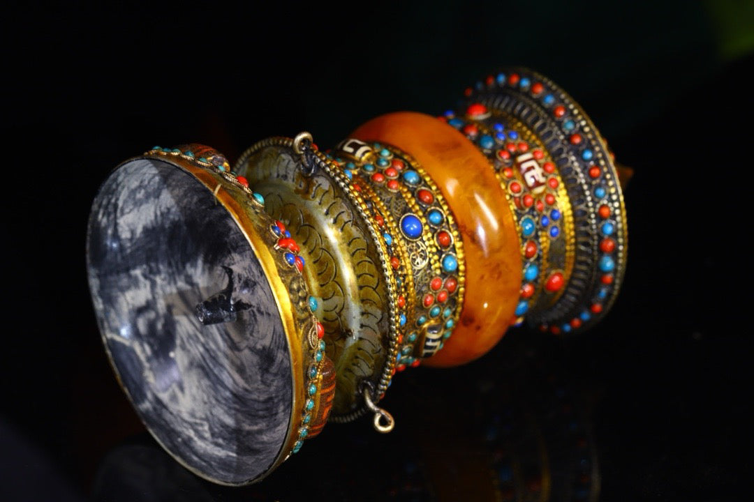Silver handmade hammering, carving, gemstone inlay, celestial bead spinning wheel