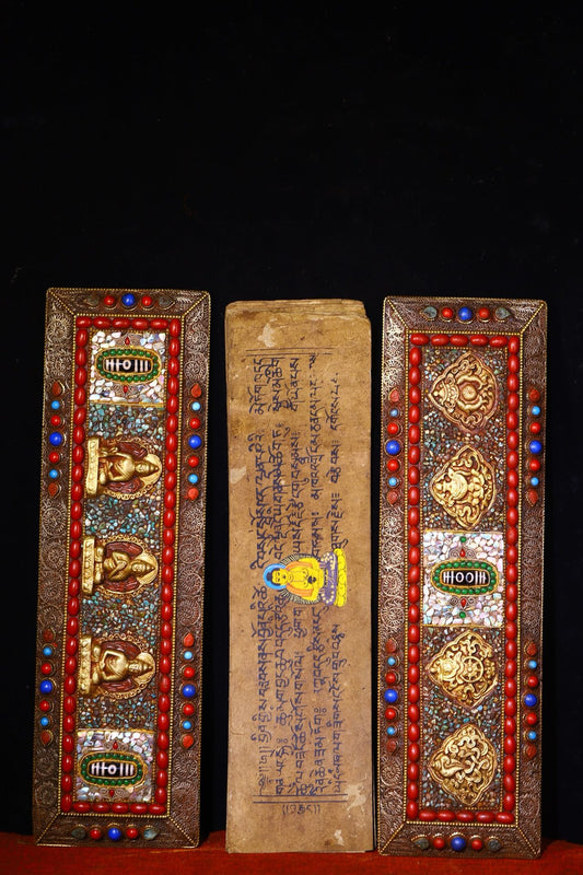 Handmade tapping, chiseling, colorful inlay of gemstones, old scriptures