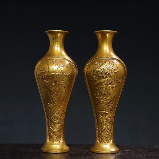 A pair of Chinese antique pure copper [Dragon and Phoenix Auspicious] vases