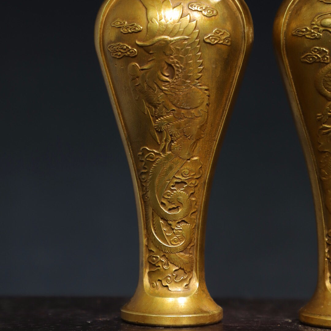 A pair of Chinese antique pure copper [Dragon and Phoenix Auspicious] vases