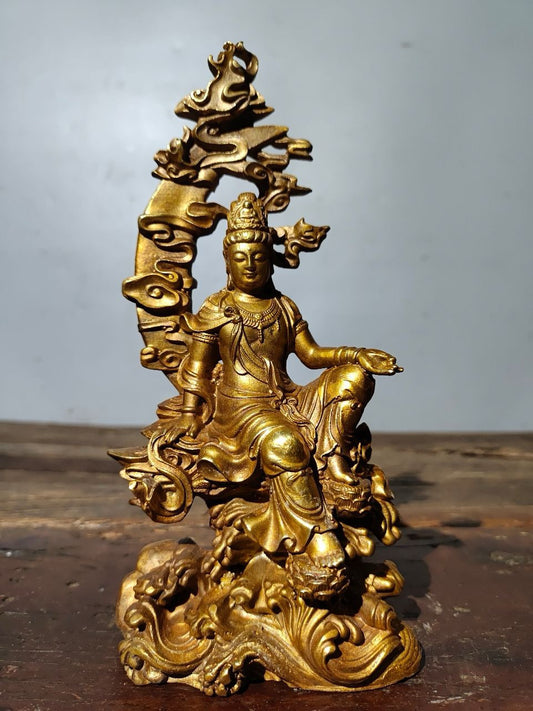 A Chinese antique pure copper statue of Guanyin Bodhisattva of Water and Moon