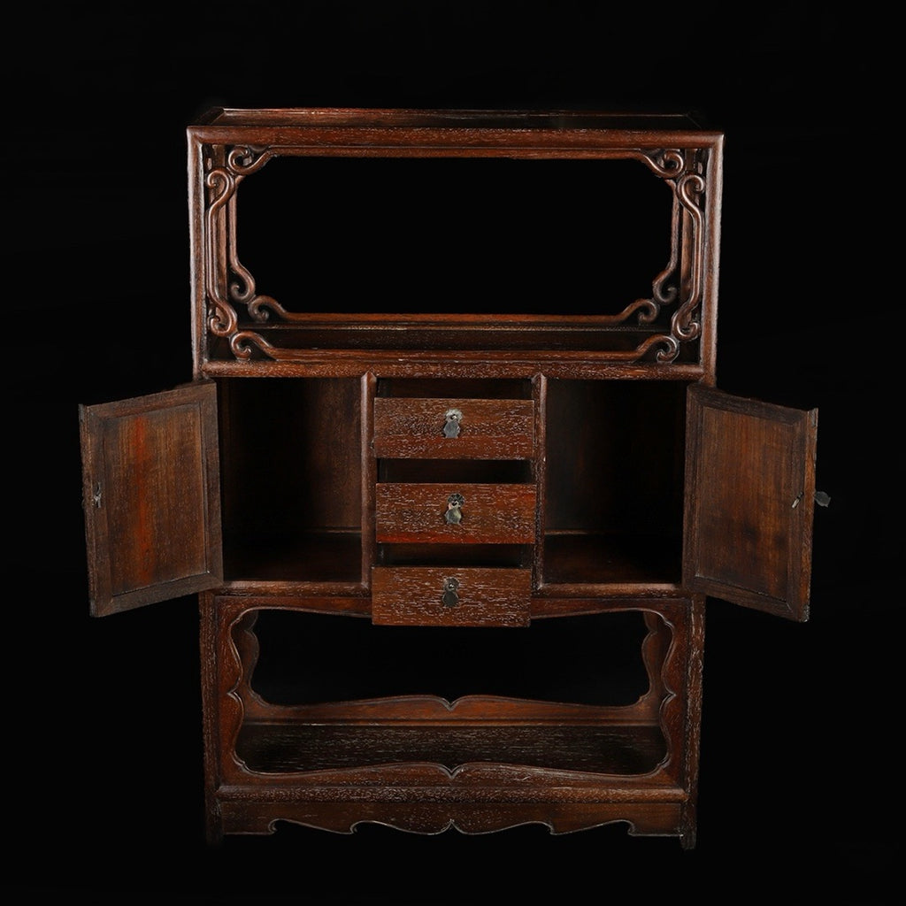 Huali wood hollowed out carving with drawers and cabinet doors Bogu rack