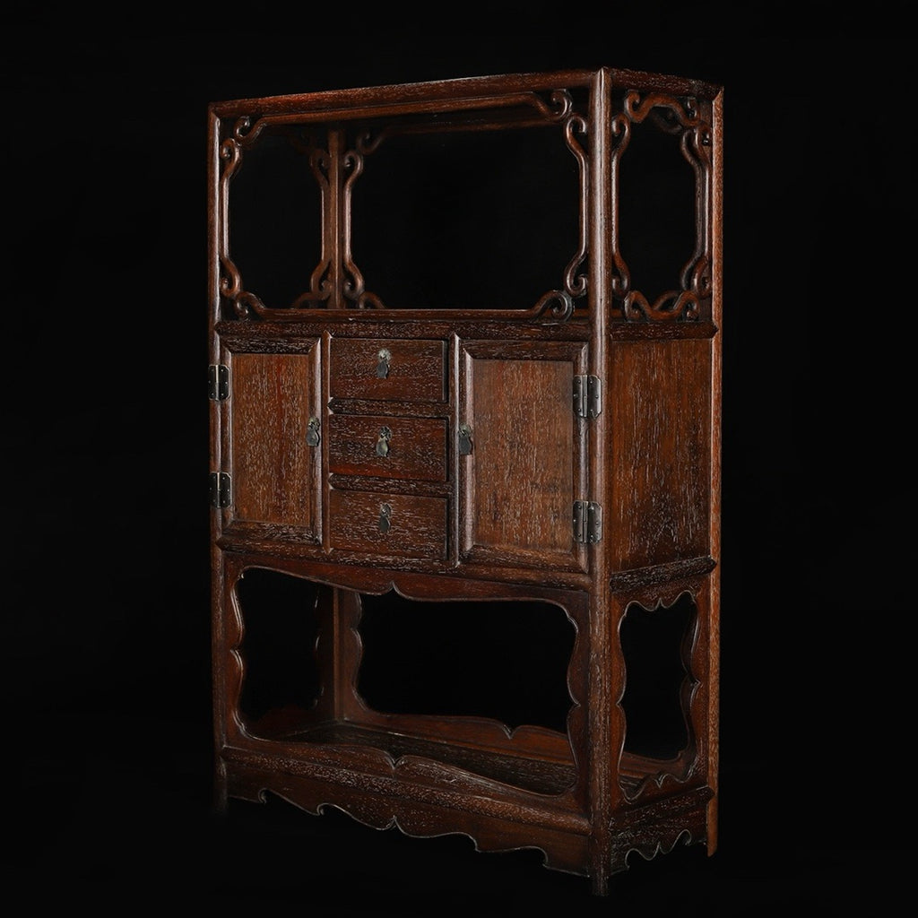 Huali wood hollowed out carving with drawers and cabinet doors Bogu rack