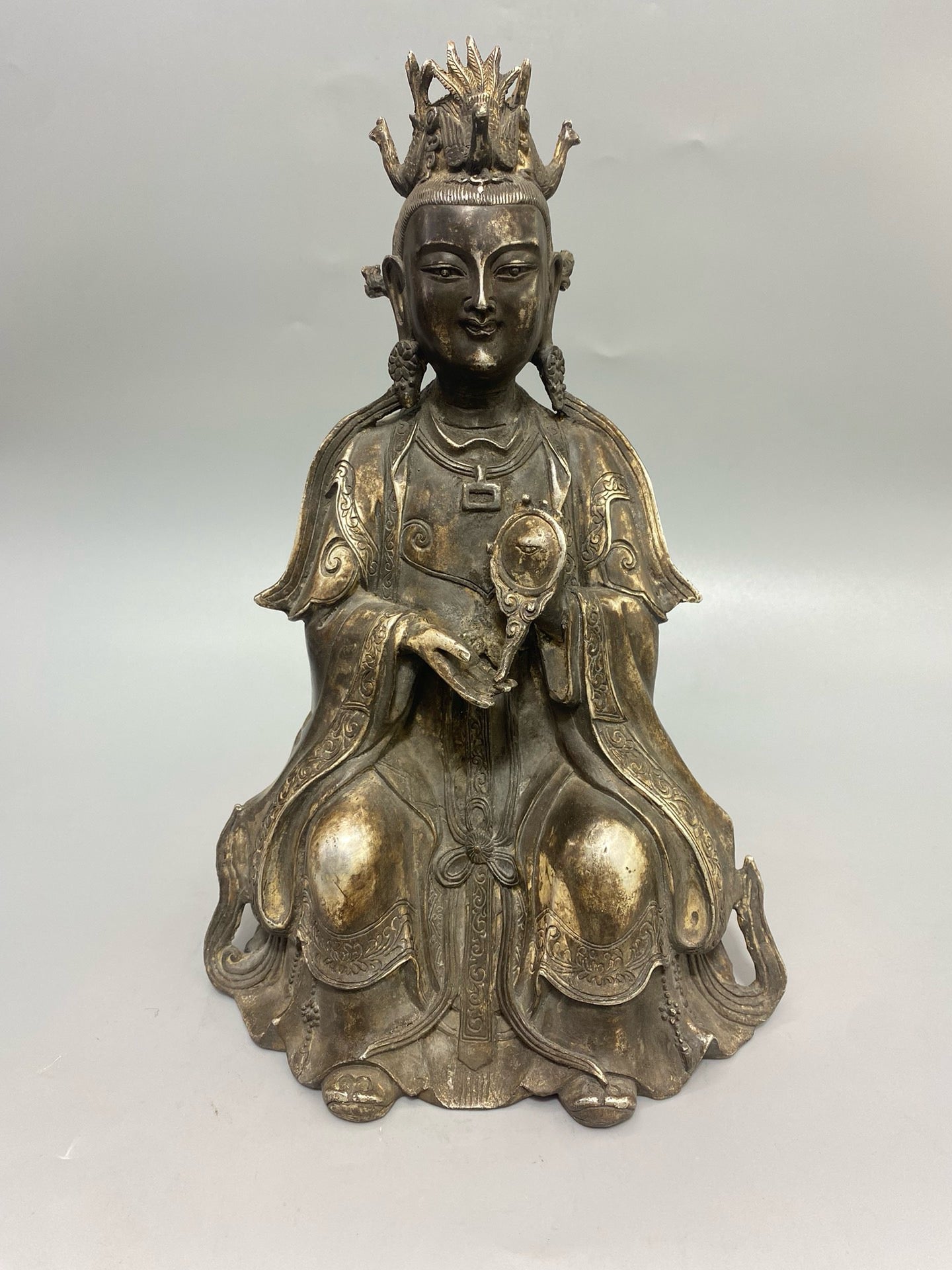 Chinese antique pure copper gilded silver Buddha statue ornament