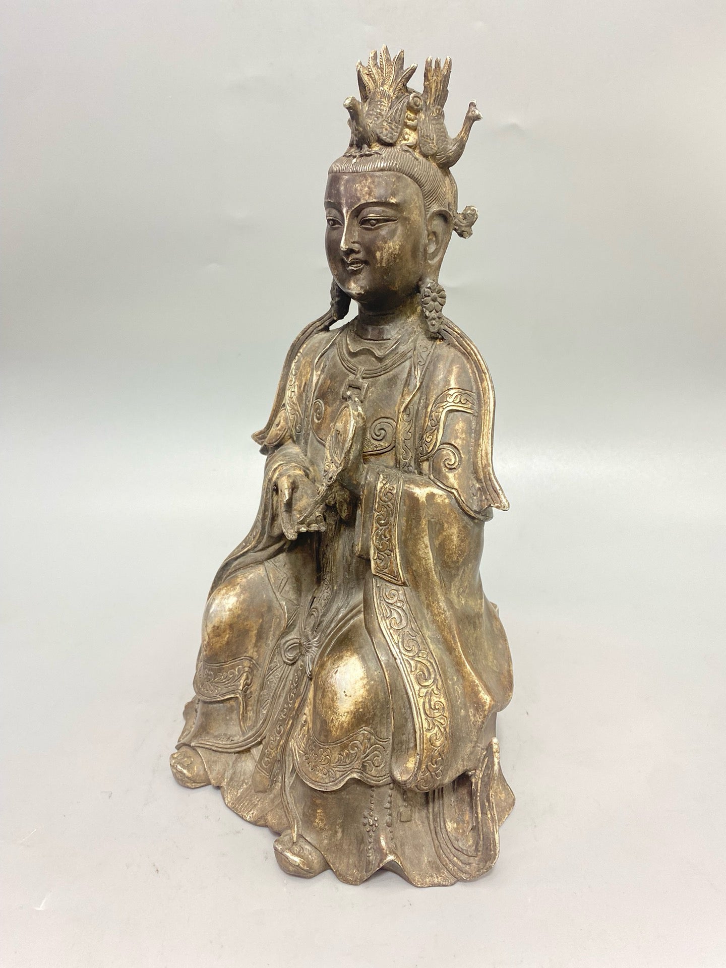 Chinese antique pure copper gilded silver Buddha statue ornament