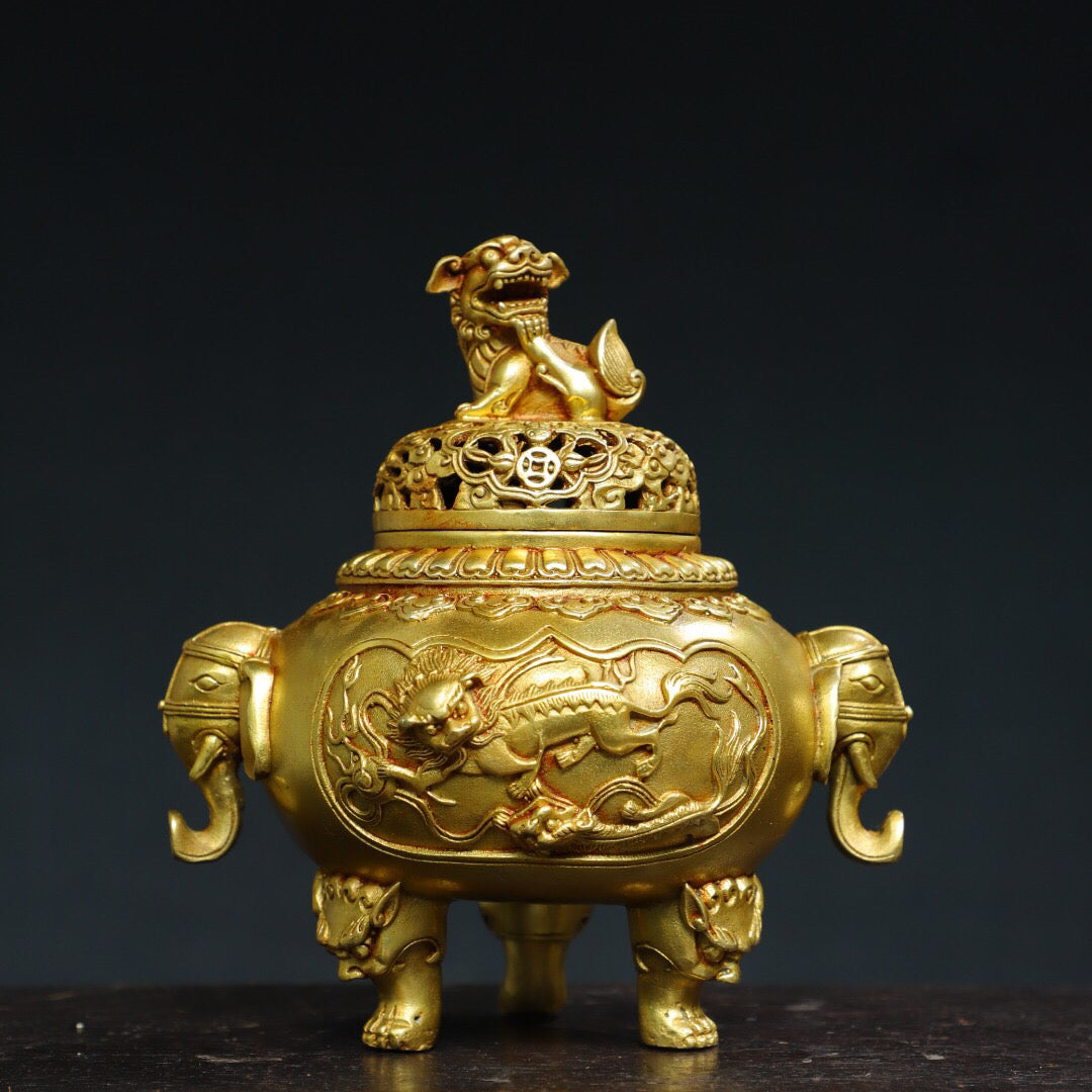 Chinese antique pure copper [lion lid] incense burner