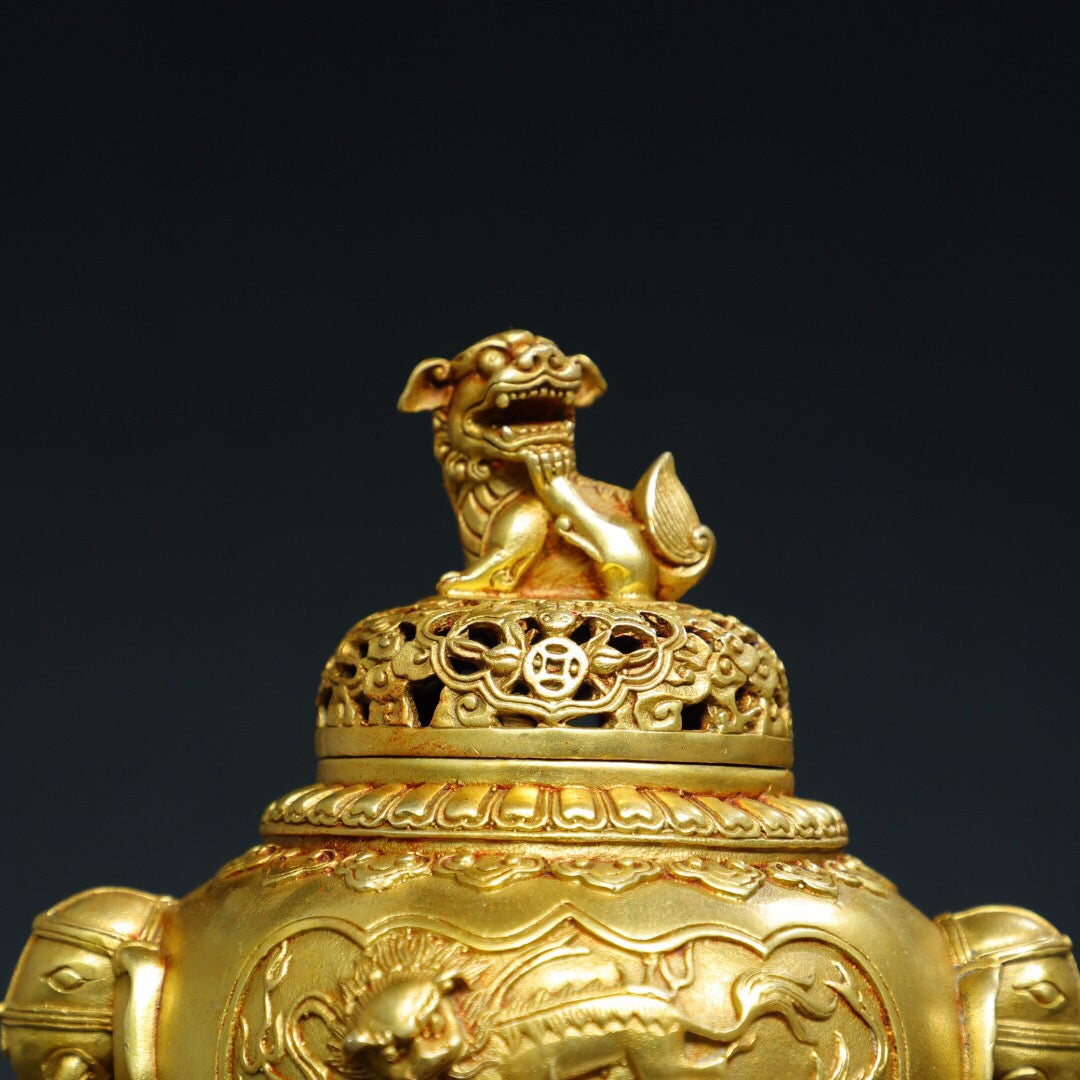 Chinese antique pure copper [lion lid] incense burner