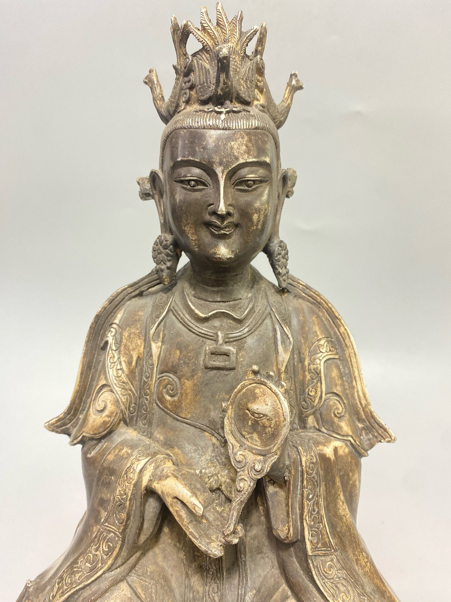 Chinese antique pure copper gilded silver Buddha statue ornament