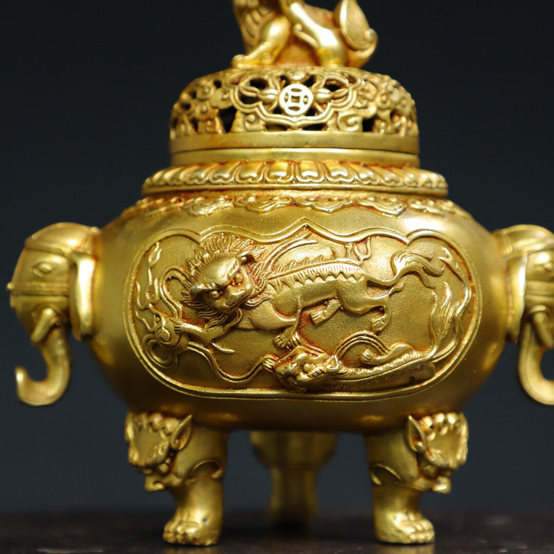 Chinese antique pure copper [lion lid] incense burner