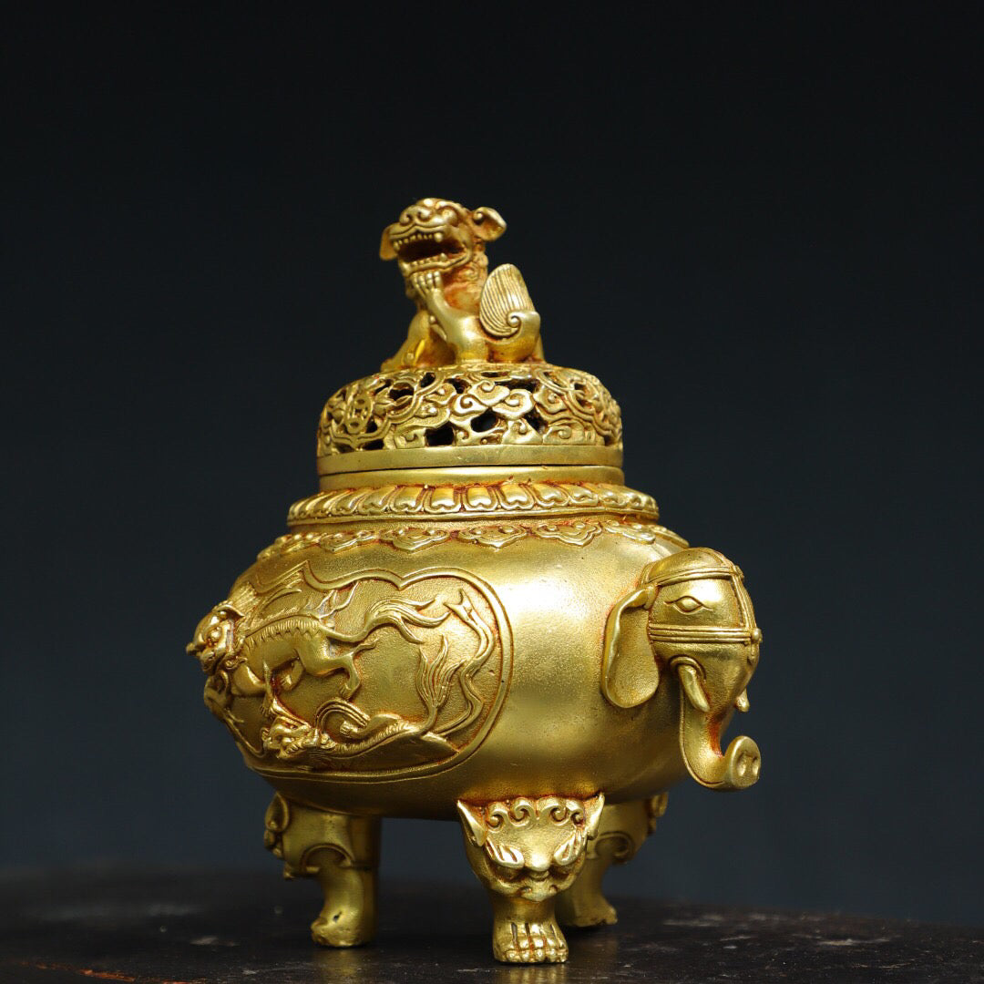 Chinese antique pure copper [lion lid] incense burner