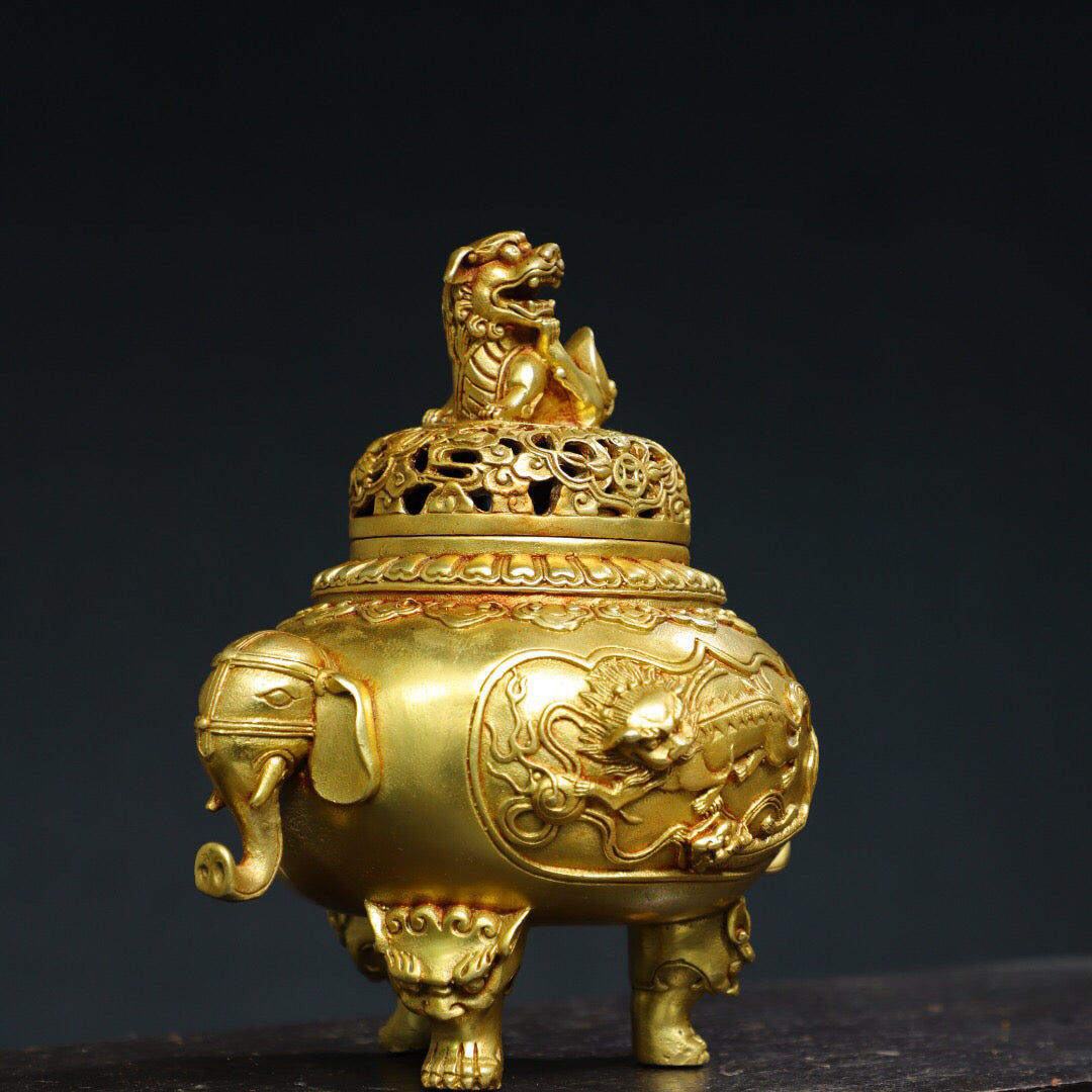 Chinese antique pure copper [lion lid] incense burner