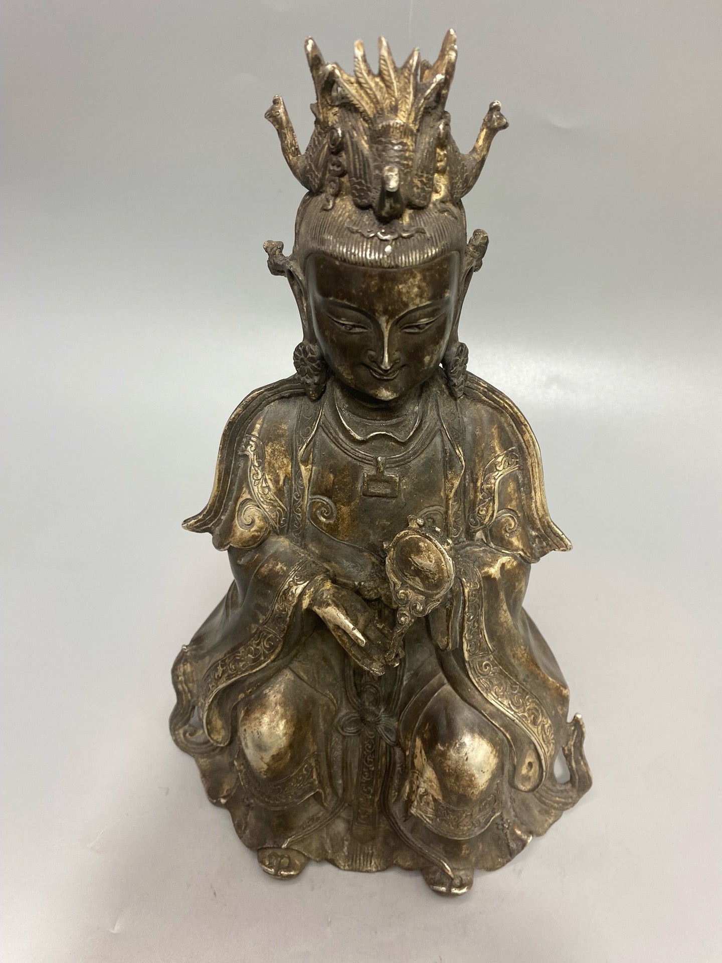 Chinese antique pure copper gilded silver Buddha statue ornament